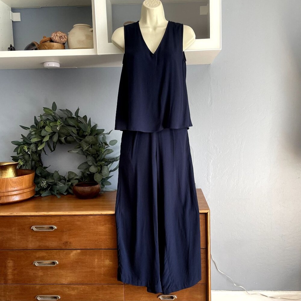 Madewell Key Overlay Jumpsuit Open Back Wide Leg Cropped Navy Blue